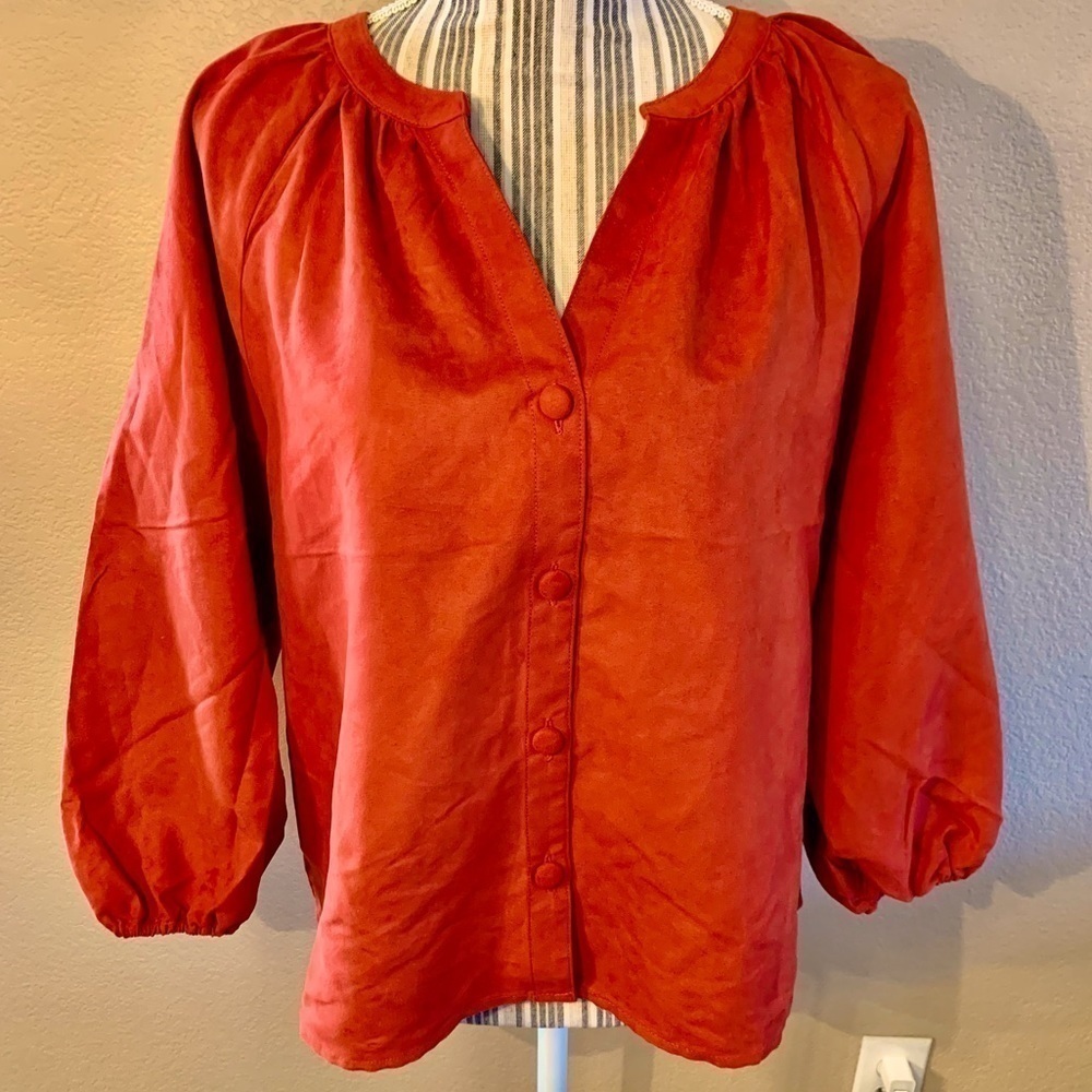 NWT Marc New York Boho Top Large Faux Suede Burnt Orange Balloon Sleeves Buttons